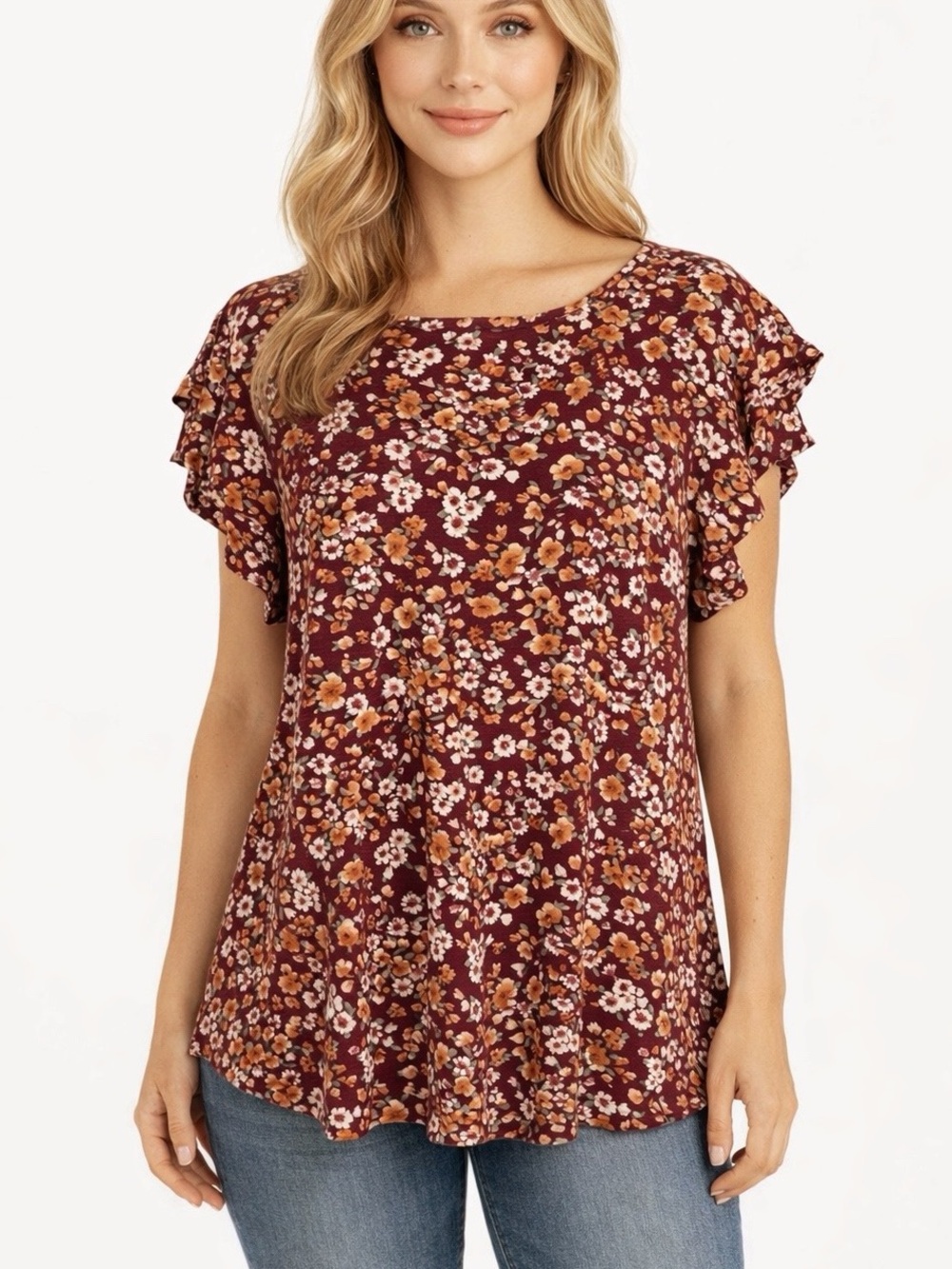 Perfect Peach Double Ruffle Sleeve Ditsy Floral Top Women’s M (8/10) Cranberry